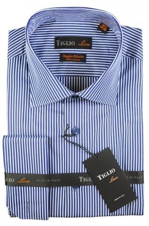 Tiglio Blue Stripe French Cuff Tailored Fit Dress Shirt #FD3738-9