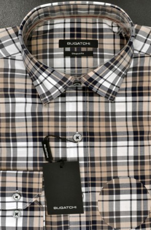 Bugatchi Tan and Black Plaid 'Shaped Fit' Shirt #PS3204L51S