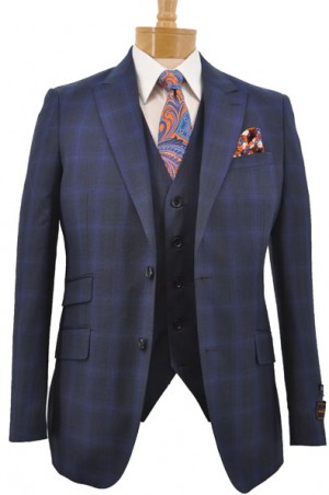 Tiglio Navy Windowpane Vested Tailored Fit Suit #F8034
