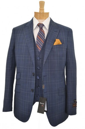 Tiglio Medium Blue Plaid Vested Tailored Fit Suit #TL1706F-323-2
