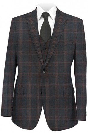 Tiglio Black with Burgundy Windowpane Tailored Fit Vested Suit #TS4179-1